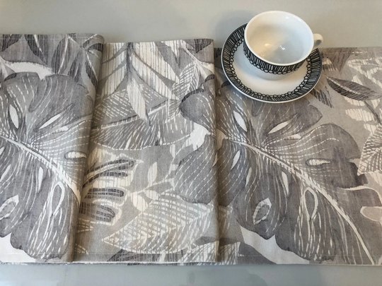 6.5Ft Grey Table Runner Funky Modern Tropical Palm Leaves Cotton Sideboard Coffee Console Decor