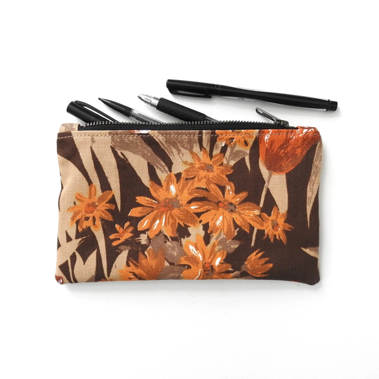 Orange Floral Pencil Case, Medium Zipper Pouch, Vintage Fabric