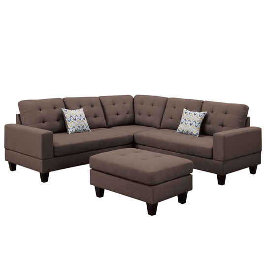 3 Piece Sectional Sofa with Ottoman and Tufted Details, Brown