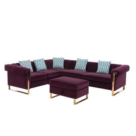 Maddie Velvet 6-Seater Sectional Sofa with Storage Ottoman