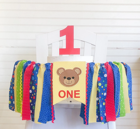 Bright Boy Bear 1st Birthday High Chair Banner, Can Do Custom Themes, Cake Smash, Highchair