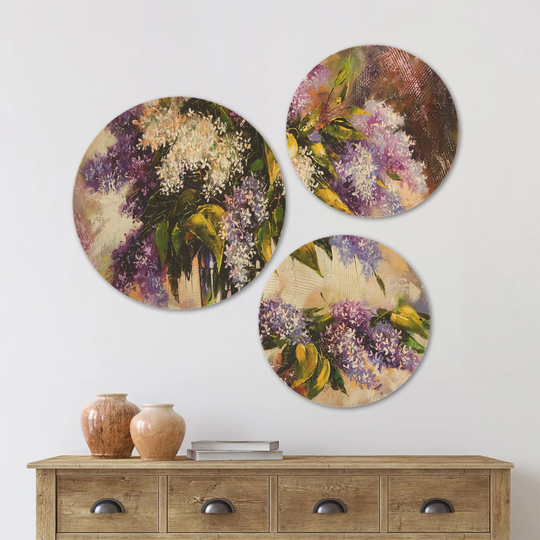 Designart 'Lilac Bouquet in a Vase' Floral Wood Wall Art Set of 3 Circles - Multi-Color