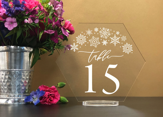 Snowflake Hexagon Table Numbers With Stand, Clear Acrylic Wedding Table Number