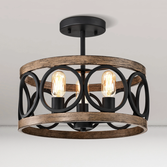 Raquel 3-Light Matte Black and Faux Wood Finish Drum Flush Mount - 16 inches in diameter x 13.8 inches H