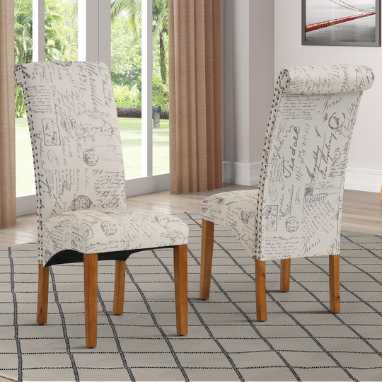Modern Pattern Chairs Set of 2 Dining Chairs Linen Padded Seat High Back Parson Chairs with Brass Nail Head Trim & Wood Legs