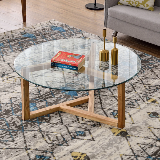Round Coffee Table Cocktail Table with Glass Top & Wood Base, Oak