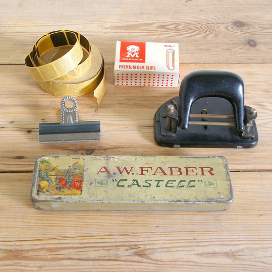 Vintage Office Supplies Lot, Metal Paper Clip, Unused New in The Box, Pencil Box Faber Castell, Memory Board, Industrial Desk, Old Stationery