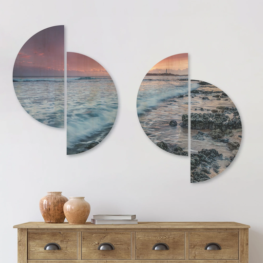 Designart 'Sunset on Cape Trafalgar Beach' Seascape Wood Wall Art Set of 4 Half Circles - Multi-Color