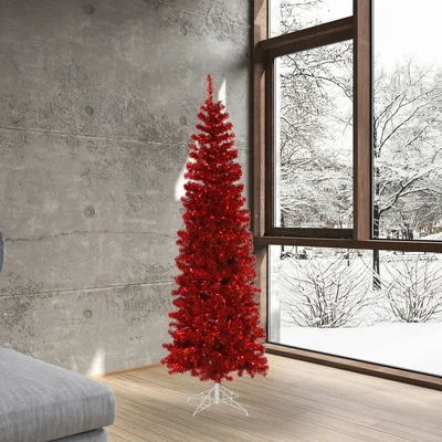 Pencil 6.5' Red Pine Artificial Christmas Tree with 300 Single Colored Lights