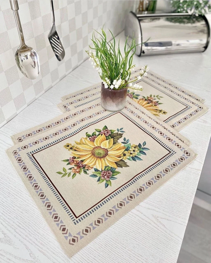 Sunflower Placemats Set. Floral Table Pacemats. Set Of Plate Placemats. Tapestry Floral