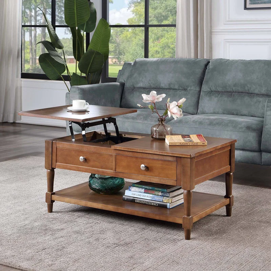 Solid Wood Rustic Farmhouse Storage Lift-Top Coffee Table with Drawer and Shelf - L36.5"x W20.5"x H18"