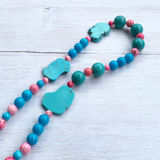 Colorful Turquoise Necklace, Long Multicolor Gemstone Tropical Necklace - Beach Vibe