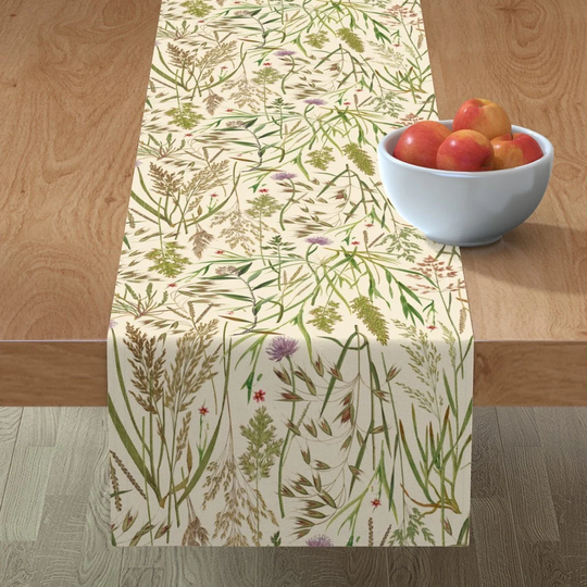 Garden Botanical Table Runner - Large Wild Grasses With Clover By Mpzstudio Cream Nature Grass Cotton Sateen Spoonflower