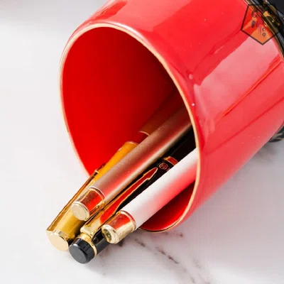 Ceramic Pen Holder For Desk Cute Lipstick-Shaped Pen Holder Stand Pencil Cup Pot Desk Organizer Makeup Brushes Holder