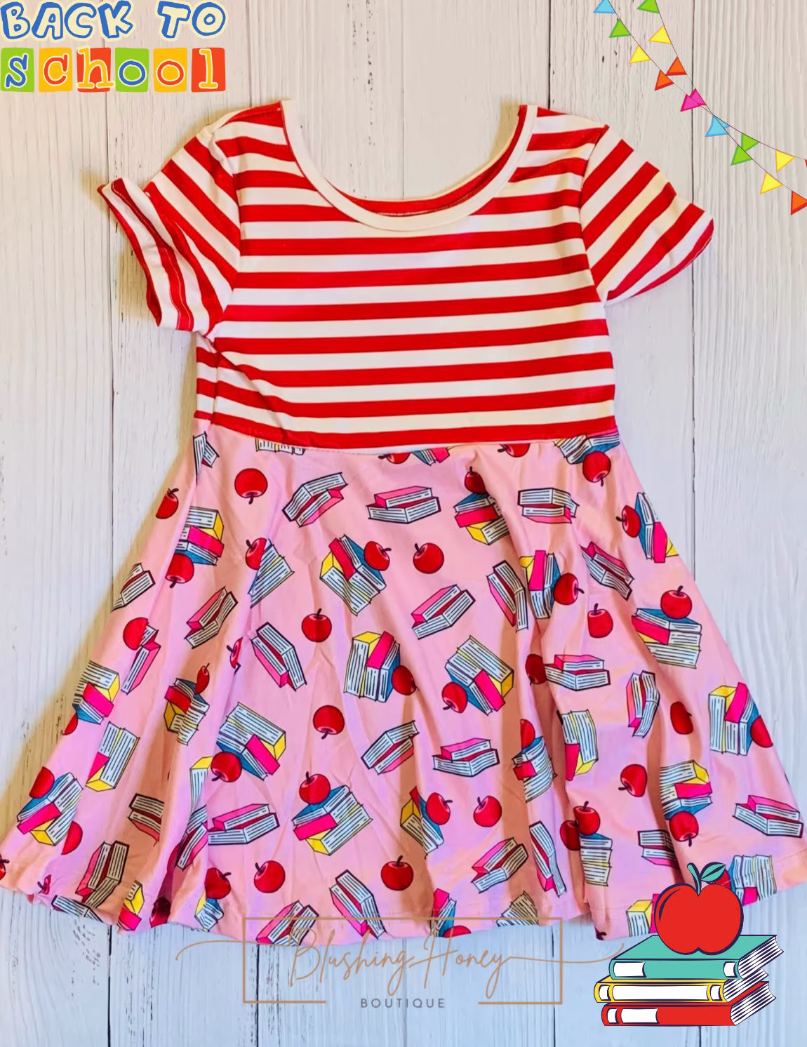 Milk Silk Red White Striped Back To School Twirl Dress, Girls Toddlers, Bus, Books, Pencil Ships in 24 Hours Comfortable Soft