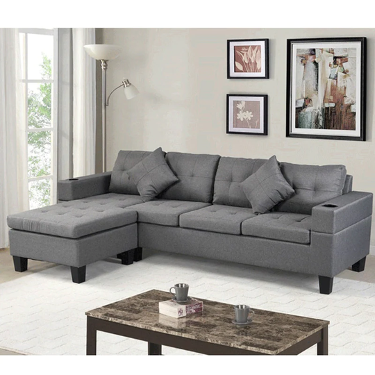 4-Seat Modern Style L-Shape Left or Right Hand Chaise Lounge Sectional Sofa Set with 2 Cup Holders and 2 Throw Pillows