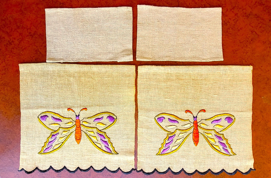 4 Pc Antimacassar Sofa Or Loveseat Set, Mission, Arts & Crafts, Craftsman Embroidered Butterfly On Dark Beige Linen, Vg To Exc Vintage Cond