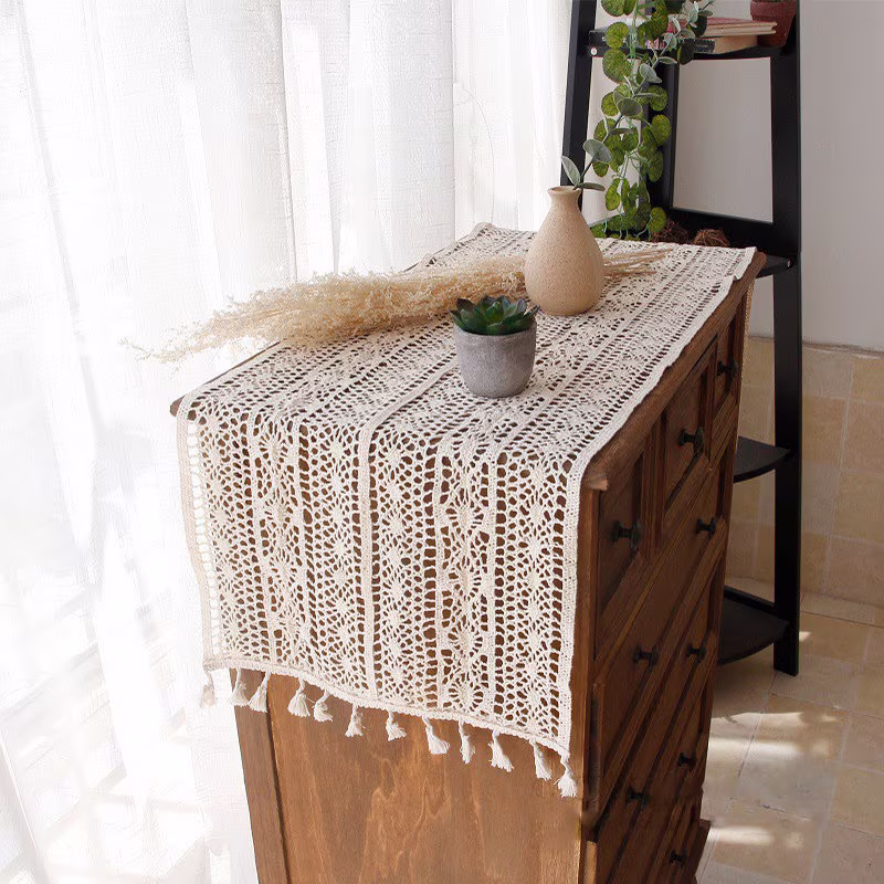 13" Wide Handmade Crochet Lace Table Runner | Vintage Lace Table Runner With Tassels Beige For Wedding