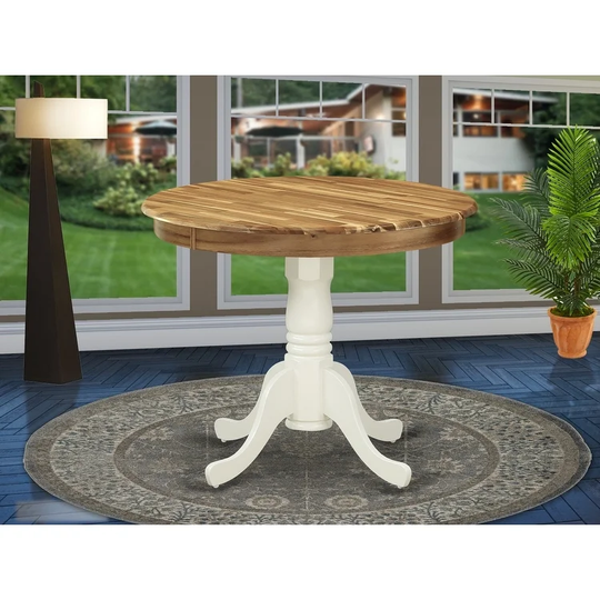 Acacia Wood Dining Table with Wood Texture Table Top and Linen White Finish Pedestal legs - AMT-NLW-TP