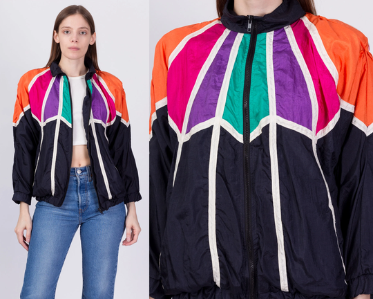 80S Black Colorful Striped Windbreaker - Small | Vintage Zip Up Color Block Streetwear Geometric Jacket