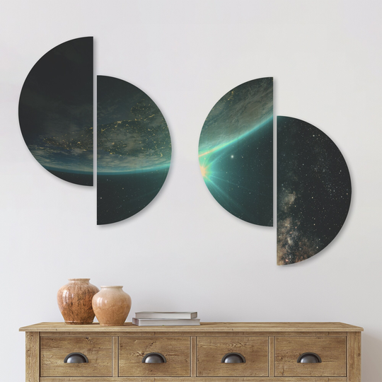 Designart 'Sunrise in Earth from Space' Contemporary Wood Wall Art Set of 4 Half Circles - Multi-Color