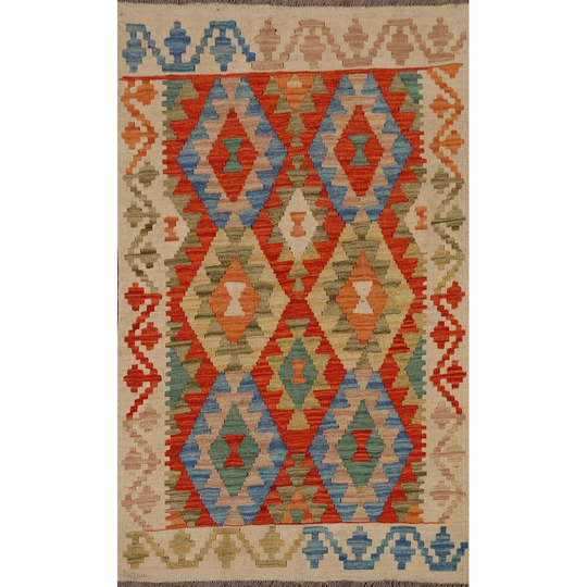 Multi-Color Kilim Oriental Area Rug Hand-woven Wool Carpet - 3'2" x 4'11"
