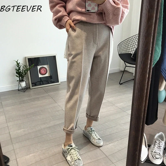 Women Pencil Pants Wool Female Autumn High Waist Loose Trousers Capris Soft Good Fabric