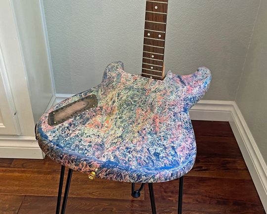 Electric Guitar End Table Or Stool Furniture - White Blue Pink Marbling Paint Salvaged Played Musical Instrument Parts With Copper Accents