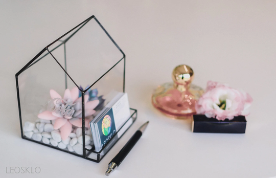 Business Cards Holder Personalized Office Organizer Boss Gift Small House Succulent Terrarium Gift For Chief Coworkers