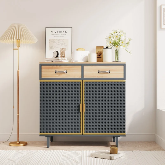 Modern Furniture Decor 31.5'' Wide 2 Drawer Sideboard, Accent Cabinet, Rattan Element Door, Made with Iron + Carbonized Bamboo