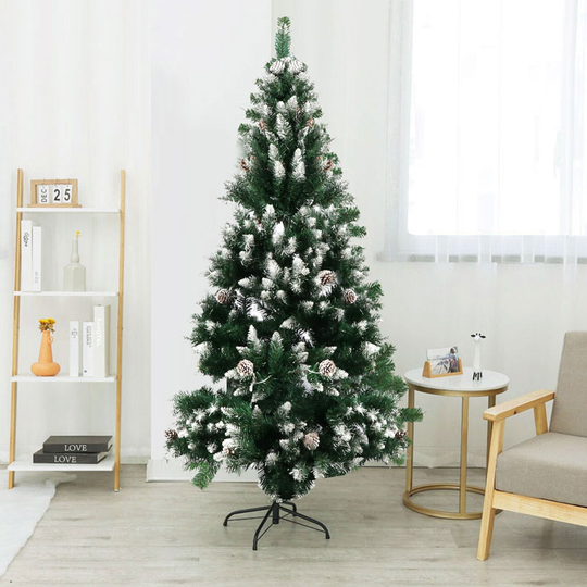 7FT Artificial Pencil Christmas Snow Flocked Tree Metal Stand Pine Cones