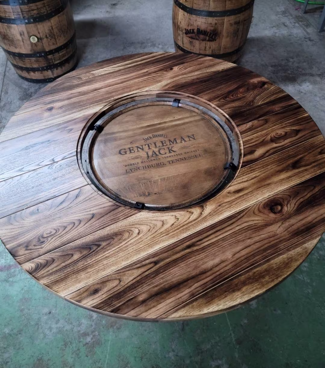 Whiskey Barrel Table Top Only With Center Glass Inlay & Mounting Brackets, Free Shipping - Made in The Usa