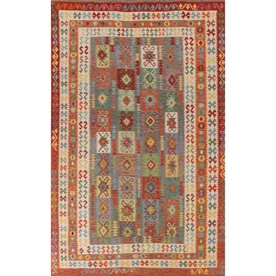 Geometric Multi-Color Kilim Area Rug Flat-weave Wool Carpet - 8'0"x 11'4"