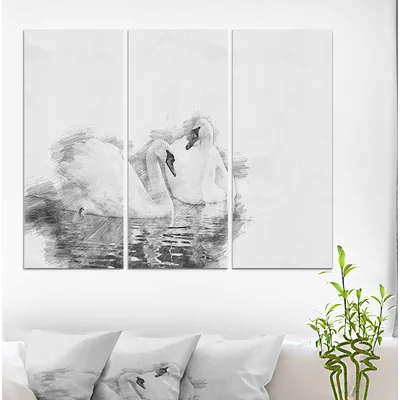 'Black and White Swan Pencil Sketch' Oil Painting Print Multi-Piece Image on Wrapped Canvas