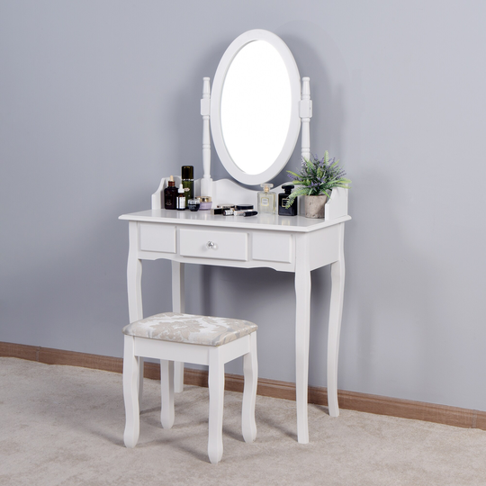 Vanity Table Set with Rotatable Oval Mirror and Cushioned Stool, Makeup Table with a Drawer