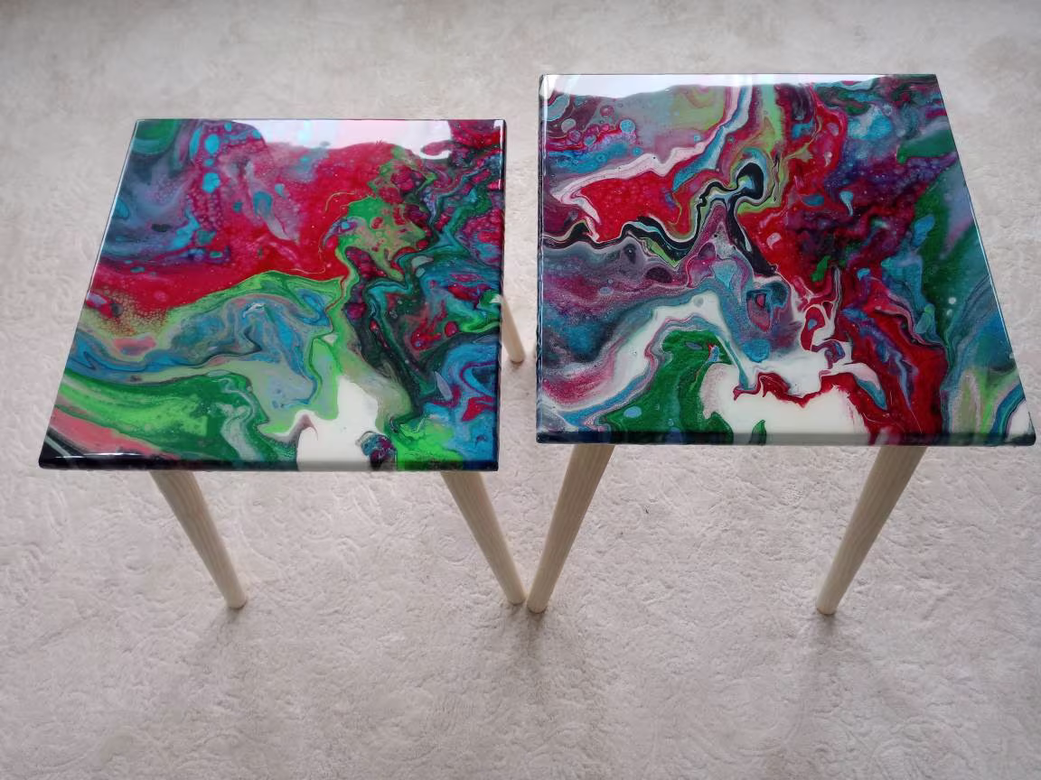 Colorful Wood Resin Sofa Side Tables, Unique Green Red White Pink End Epoxy Unique Living Room Bedside Furniture Abstract Square Coffee Table