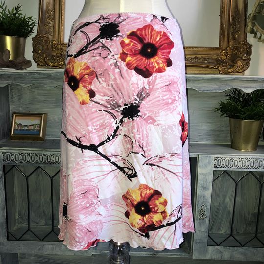 90S Vintage Boho Romantic Pencil Skirt Sz 38 Fit M/L Pink Watercolour Butterfly Floral Midi Tea Party Wedding Holiday