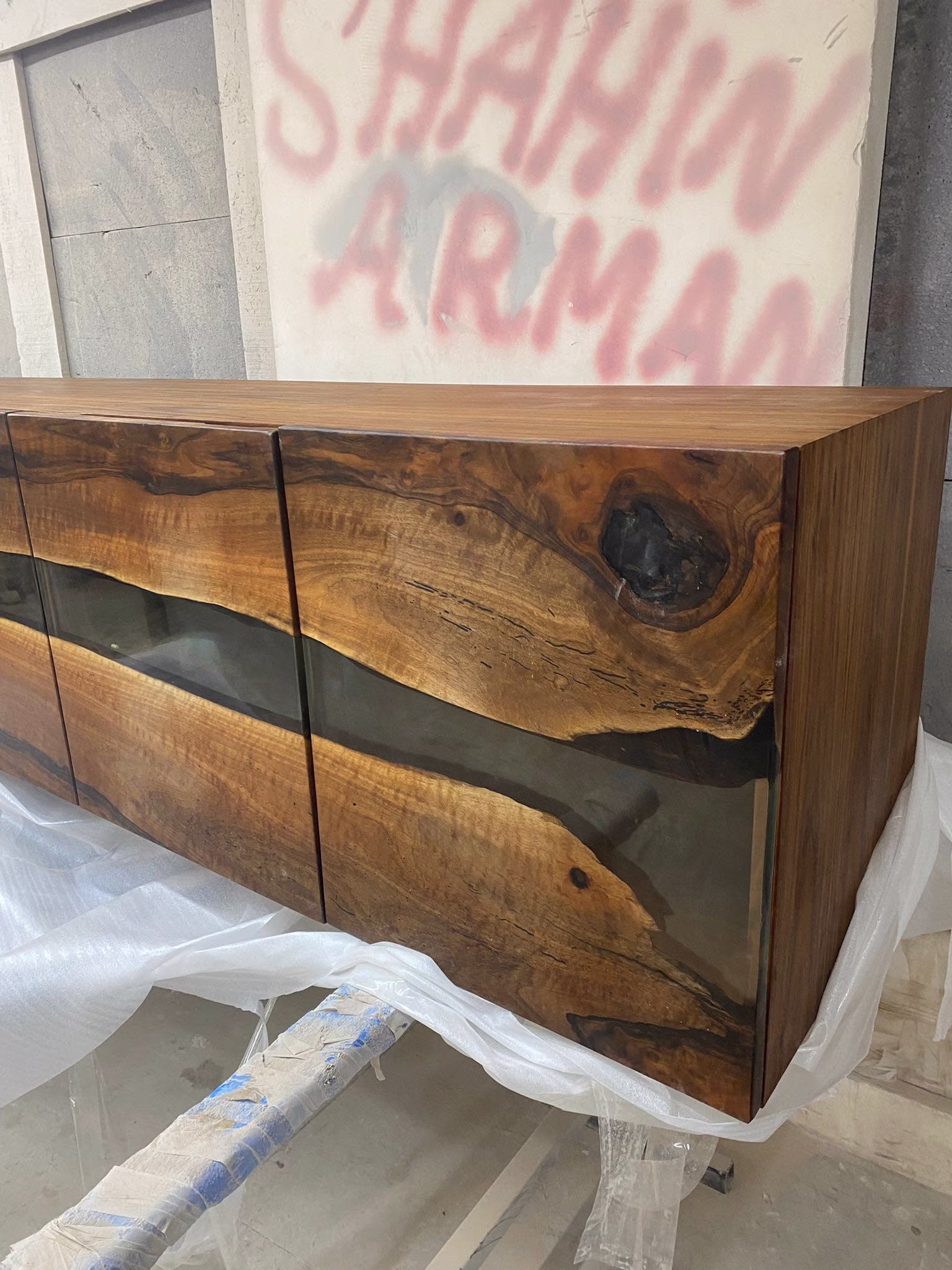 Clear Epoxy Resin Table, Custom 86"L X 20"D 28"-36"H Walnut Credenza, Wood Smokey Gray Credenza