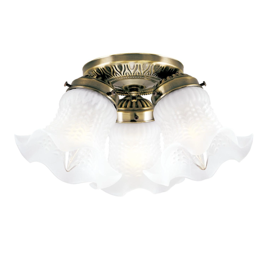 Westinghouse Three-Light Flush-Mount Interior Ceiling Fixture, Antique Brass Finish with Frosted Ruffled Edge Glass