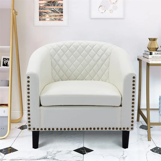 Living Room Accent Barrel Chair with Nailheads and Solid Wood Legs,PU