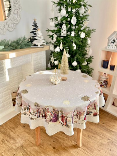 Christmas Table Cloth With Nativity Scenes. Round Linens For A Unique Home Decor. Tapestry Linens. Gift Idea