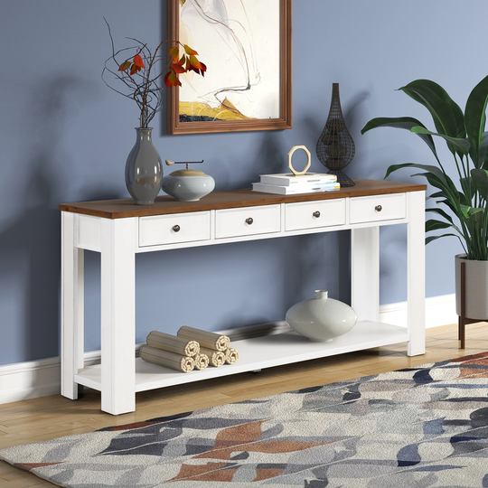 CTEX 63" Solid Pine Wood Console Table with 4 Drawers and Open Storage Shelf
