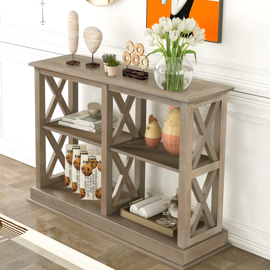 Console Table with 3 Tier Open Storage Spaces and X Legs White Wash