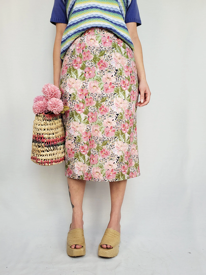 Vintage Skirt, 80S Pastel Floral Midi Pencil Retro Woman Clothing