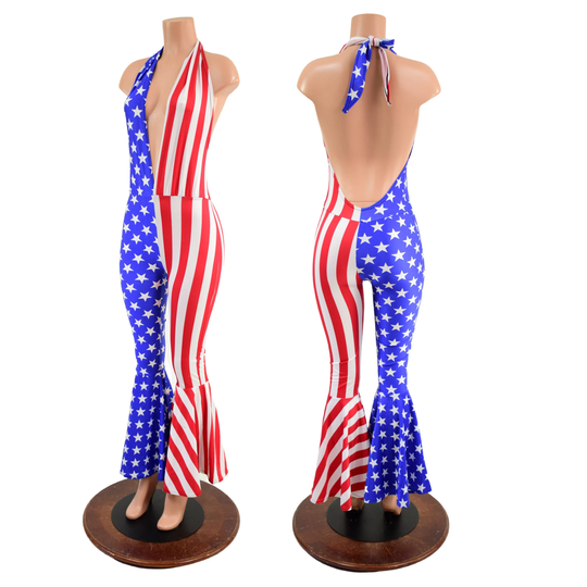 Josie Style Bell Bottom Catsuit, Color Split Right Side Of Body in Blue & White Stars, Left Red Stripes 1579205