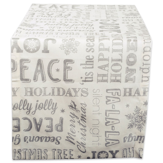 108" Silver Colored and Black Christmas Collage Printed Table Runner