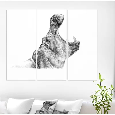 'Pencil Hippo Sketch in Black and White' Drawing Print Multi-Piece Image on Wrapped Canvas