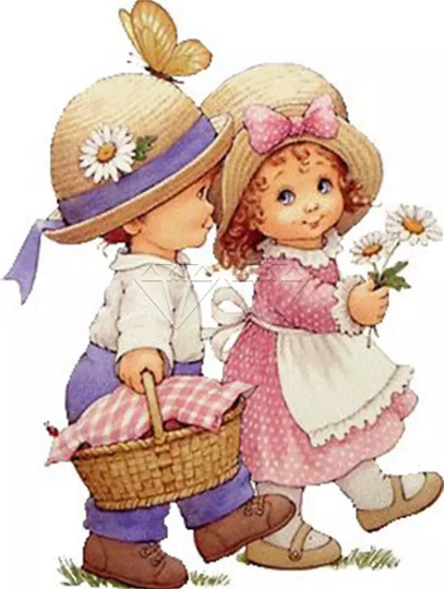 Us Seller. 40x50cm Sweet Vintage Inspired Country Children, Boy, Girl, Diamond Painting Art Kit. Round Drills, Full Drill