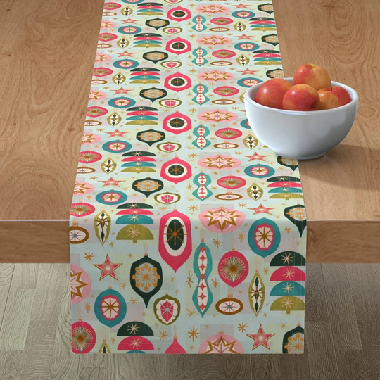 Vintage Christmas Table Runner - Retro Ornaments By Stephaniemcrae Pink Blue Cotton Sateen Spoonflower
