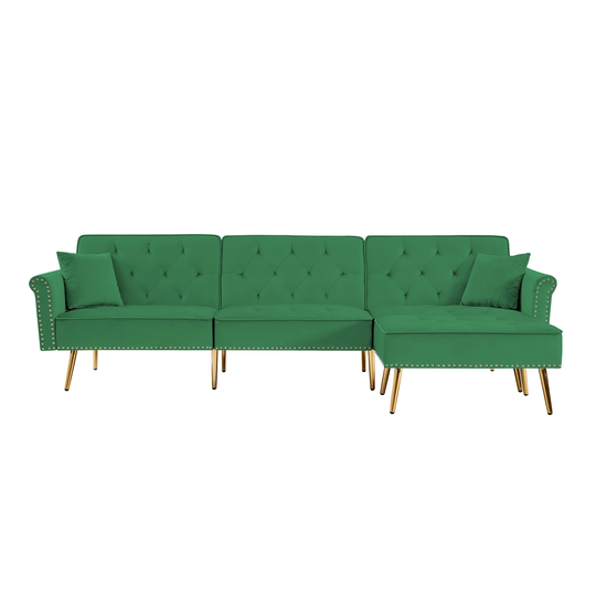 Amelia Modern Velvet Upholstered L-Shaped Sofa Bed Couch in Green - 110.20"L x 57.90"W x 32.30"H